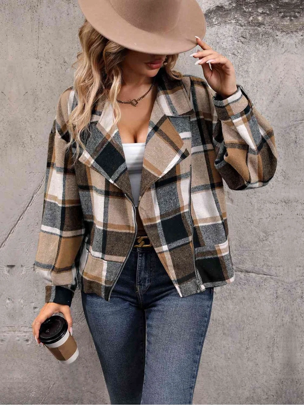 drape waterfalls Plaid Open-Front Jacket in Beige & Black - Women